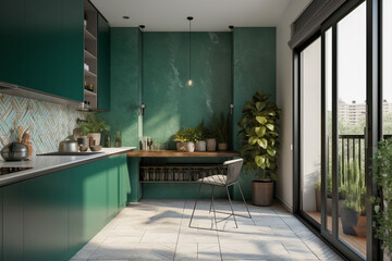 Modern minimalistic interior of the kitchen, green, white and golden colors. Super photo realistic background, generative ai illustration.