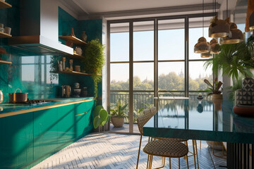 Modern minimalistic interior of the kitchen, green, white and golden colors. Super photo realistic background, generative ai illustration.