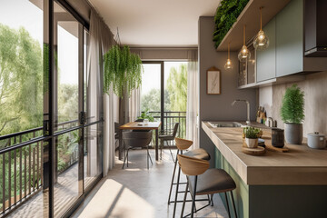Modern minimalistic interior of the kitchen, green, white and golden colors. Super photo realistic background, generative ai illustration.