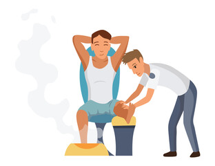 Massage therapist at work. Patient sits on chair, enjoying body relaxing treatment. Physiotherapist practicing massage, isolated cartoon characters. Flat vector illustration