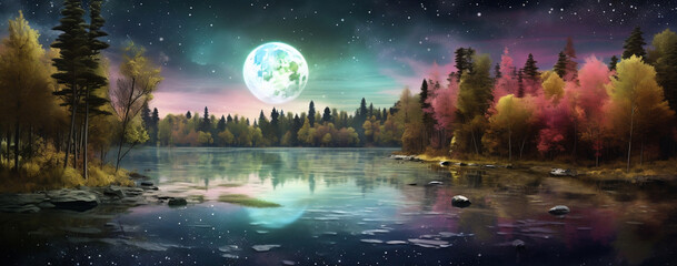 Moonlit Magic, A Nighttime Landscape with Glittering Lake, Lush Vegetation, and a Harvest Moon in the Sky, generative Ai