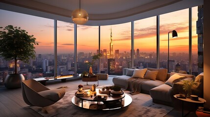 Luxurious living room in a penthouse of a skyscraper, overlooking the city center with a beautiful horizon, generative ai - obrazy, fototapety, plakaty