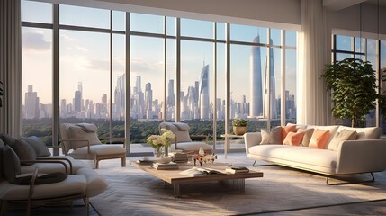 Luxurious living room in a penthouse of a skyscraper, overlooking the city center with a beautiful horizon, generative ai