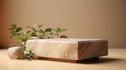 Product stone podium for cosmetic beauty presentation. Stone podium with green leaves on beige background. Product, cosmetic stand organic platform mockup. AI generated illustration