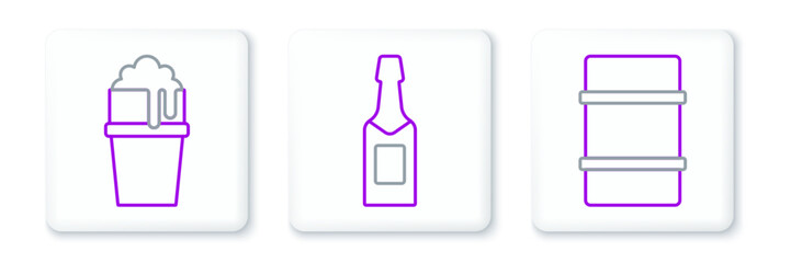 Set line Metal beer keg, Glass of and Champagne bottle icon. Vector
