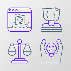 Set line Thief surrendering hands up, Scales of justice, Kidnaping and Internet piracy icon. Vector