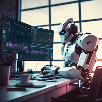 K&uuml;nstliche Intelligenz - Robotor im B&uuml;ro an einem Computer sitzend