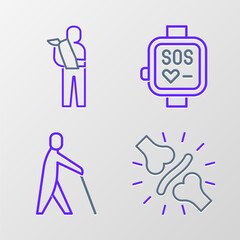 Set line Joint pain, knee pain, Blind human holding stick, Smart watch and Human broken arm icon. Vector