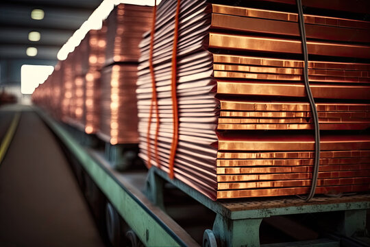 Stacks of cathode copper sheets tied with ribbons on rail carriages in light warehouse at metal refinery plant, ai generative