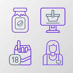 Set line Seller, Cigarettes pack box, Shopping cart on computer and Coffee jar bottle icon. Vector