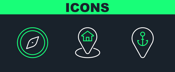 Set line Location with anchor, Compass and house icon. Vector