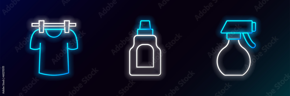 Poster set line water spray bottle, drying clothes and bottle for cleaning agent icon. glowing neon. vector