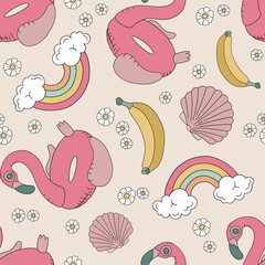 Flamingo pool float vector seamless pattern. Hawaii vacation background. Retro surface design for textile, scrap book 