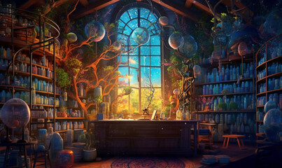 Obraz premium fantasievolles mittelalterliches Alchemistenlabor. generative KI