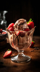 Dessert in glass bowl with chocolate cherries and whipped cream. Chocolate ice cream, strawberry ice cream in a long clear glass with gooey fudge, caramel and cut strawberries. Generative AI