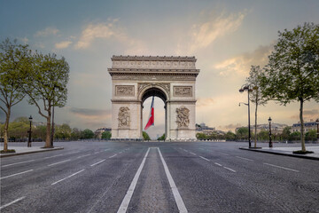 Arc De Triomphe in Paris, France. Monument and landmark at the top of the Champs Elysees.  - obrazy, fototapety, plakaty