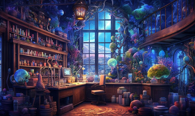 Naklejka premium fantasievolles mittelalterliches Alchemistenlabor. generative KI