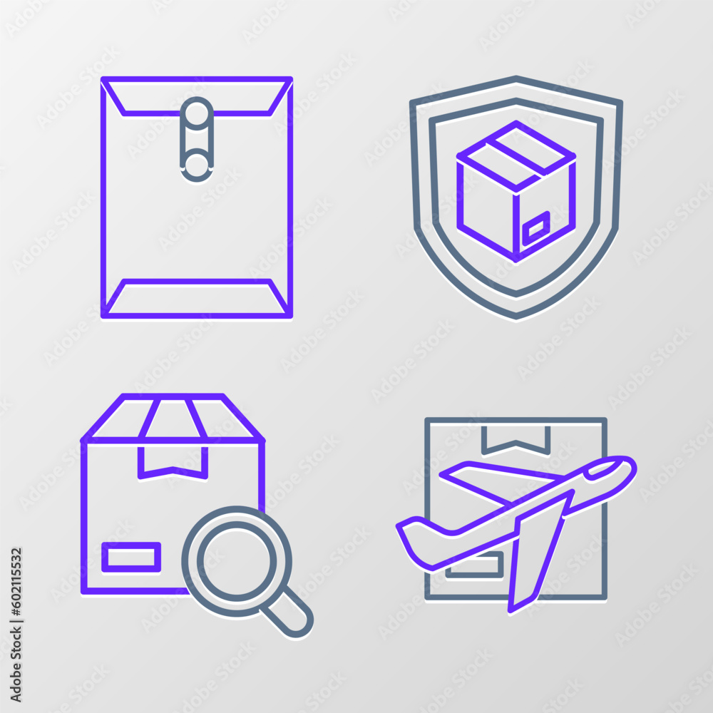 Canvas Prints Set line Plane and cardboard box, Search package, Delivery security with shield and Envelope icon. Vector