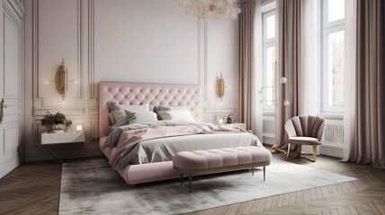 Modern bedroom interior design with pink walls and bright illumination. Hi-tech minimalism style. Generative AI