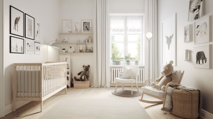 Modern children's bedroom interior design with white walls and baby crib. Minimalism style. Generative AI - obrazy, fototapety, plakaty