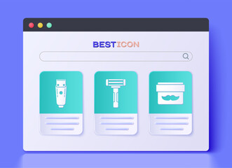 Set Shaving razor, Electrical hair clipper or shaver and Cream or lotion cosmetic jar icon. Vector