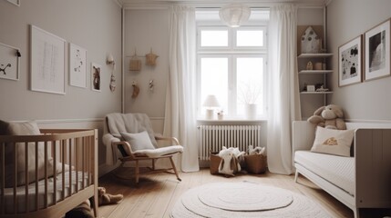 Fototapeta premium Nursery room with lots of natural light and pastel colors. Baby crib. Generative AI