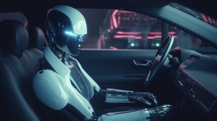 Fototapeta na wymiar . AI Artificial Inteliigence Robot Driving a Car. Self Driving Cars Concept. Generative AIAI