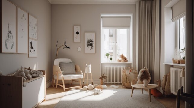 Nursery room with lots of natural light and pastel colors. Generative AI