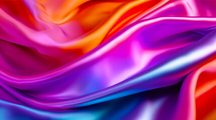 Obraz premium Vibrant multicolour silk satin fabric texture background with sweeping ripples and folds. A.I. generated. 