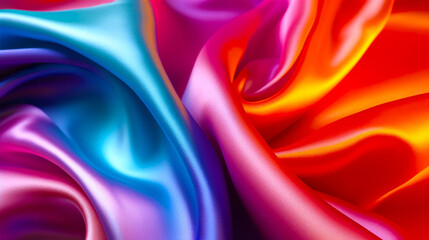 Vibrant multicolour silk satin fabric texture background with sweeping ripples and folds. A.I. generated. 