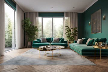 Modern minimalistic interior of the living room, green, white and golden colors. Super photo realistic background, generative ai illustration.