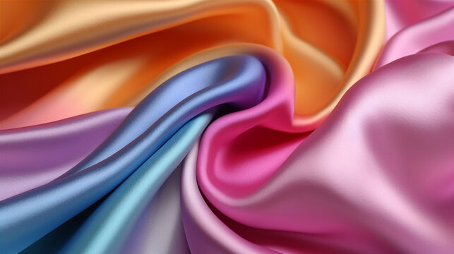 Pastel multicolour silk satin fabric texture background with sweeping ripples and folds. A.I. generated.
