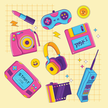90's Pop Culture Sticker Cartoon Stuffs Objects with Cute Illustration