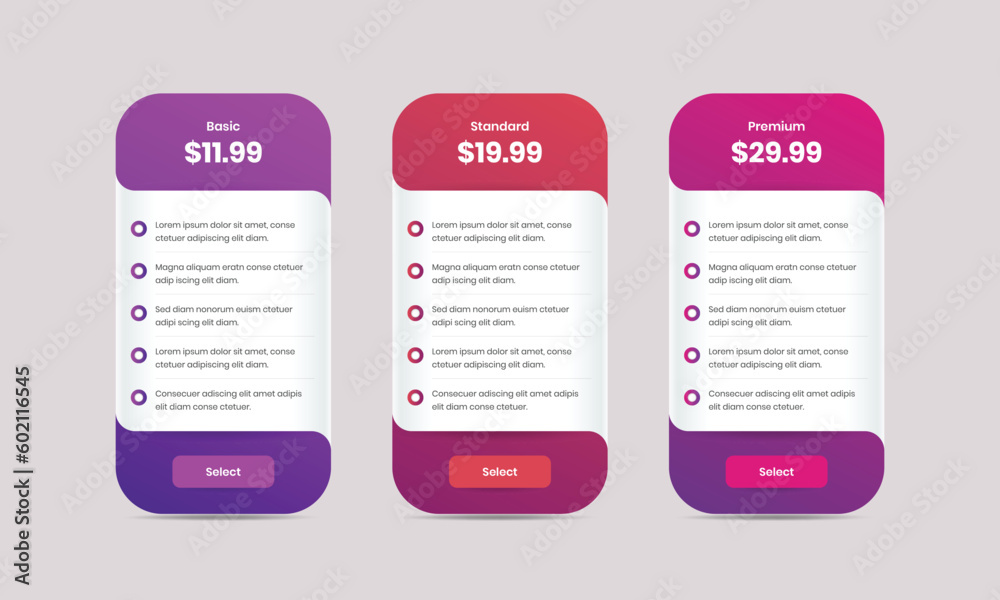 Wall mural professional pricing comparison table design with colorful gradient for business and service subscri