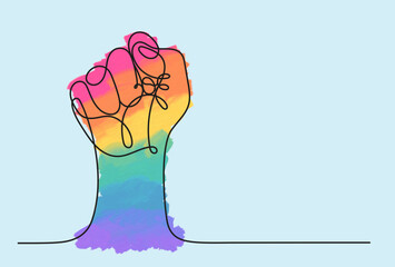 Human arm in LGBT flag colors with clenched fingers, one line drawing. Continuous line black drawing of rainbow colored strong fist raised up. Vector illustration concept of gay pride, lgbtq, love.