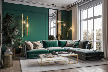 Fototapeta premium Modern minimalistic interior of the living room, green, white and golden colors. Super photo realistic background, generative ai illustration.