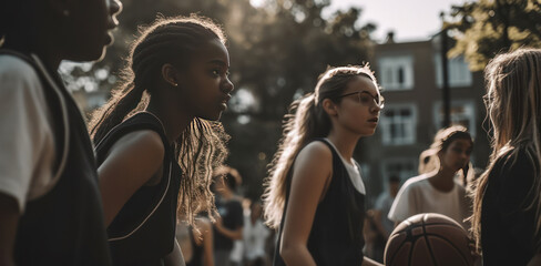 Diverse teenage girls on school yard playing basketball. Generative AI.