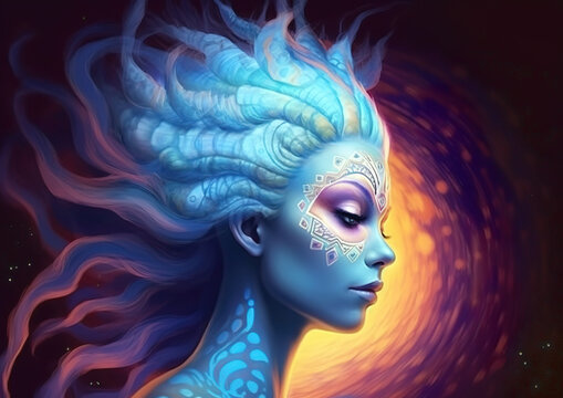 Avatar female portrait in painting style. Background with pleasant soothing colors. Generative AI.