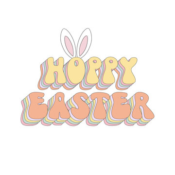 Hoppy Easter groovy text pun with bunny ears. Spring Vector illustration inscription wordplay isolated on white 
