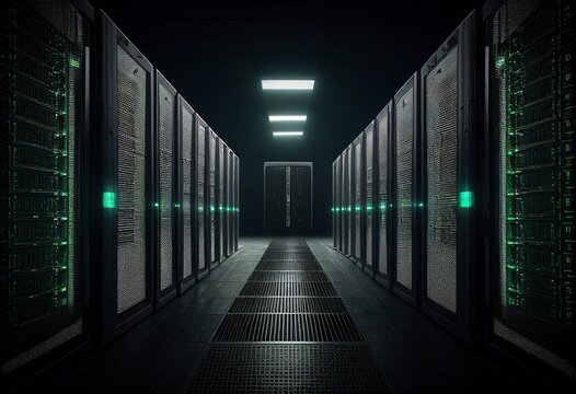 Modern server room, data center. Illustration by Generative AI.