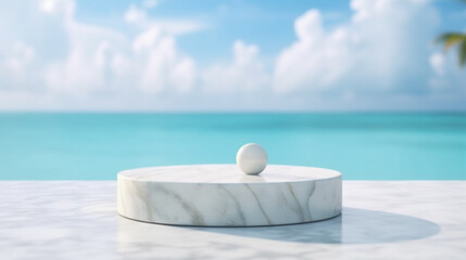 A marble table with a blue sky and a marble base