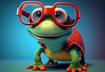 Cartoon funny little turtle in big red glasses. Illustration by Generative AI.