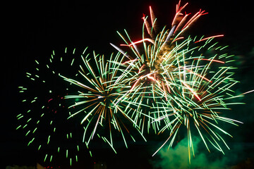 emerald green firework sparks bright on the black night sky.