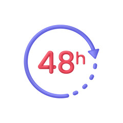 3D alarm clock 48 hours icon. Support service, working hours, delivery concept. Passage of time.
