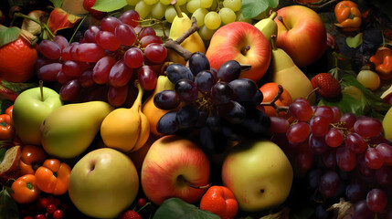 Naklejka na ściany i meble Large variety of fresh fruits, background image, top view.