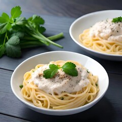 A plate of fettuccine Alfredo, sprinkled with black pepper and chopped parsley