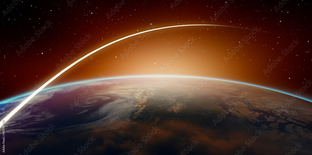 Poster long exposure night time rocket launch - the moon as seen from the surface of the earth 