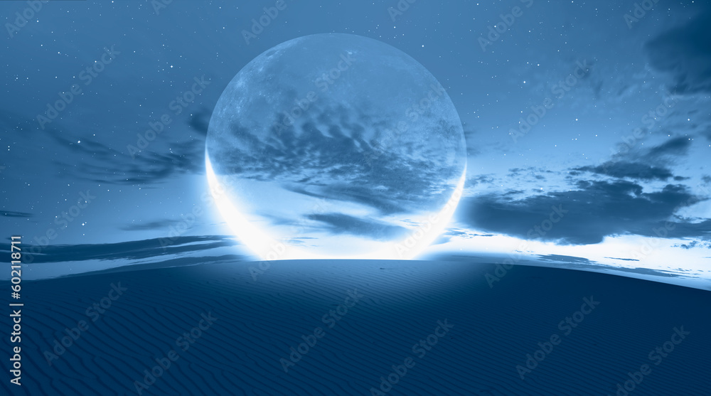 Poster night sky with crescent moon in the clouds on the foreground hot desert (sand dune) 
