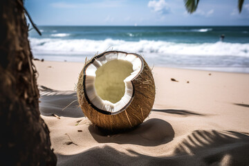 Fototapeta na wymiar Broken brown coconut on sandy beach. Illustration real coconut tree with beach blue sea and blue sky detail image. Realistic 3D illustration. Generative AI