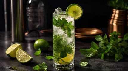 Coconut pineapple mojito cocktail artfully presented in a tall glass. Pineapple cocktail with ice tube. Realistic 3D illustration. Generative AI